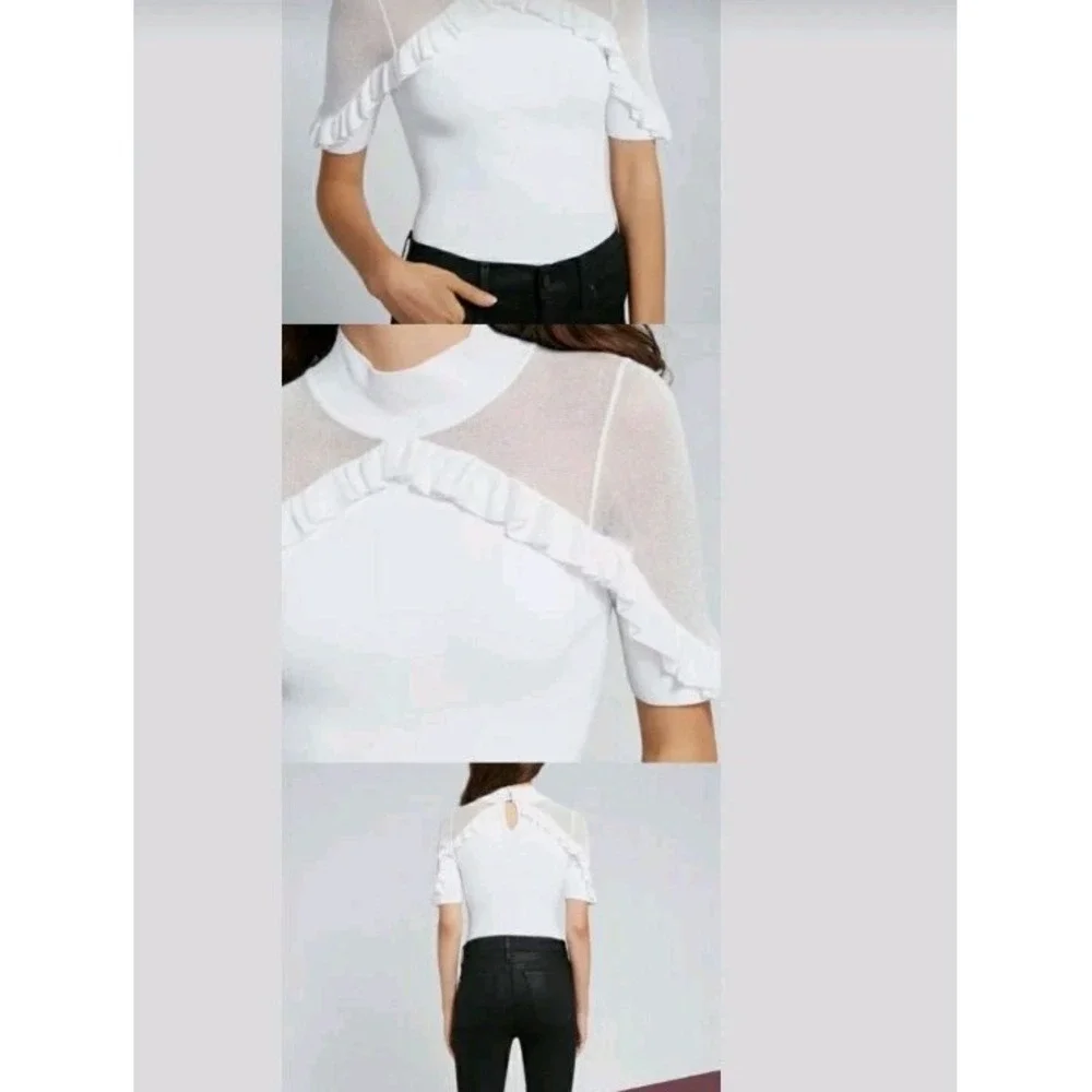 NEW! Alice + Olivia M White Knit 'Chiara' Ruffle Pullover Top Short Sleeve $360
